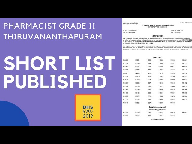 KERALA PSC PHARMACIST GRADE II THIRUVANANTHAPURAM DHS (529/2019) SHORT LIST PUBLISHED