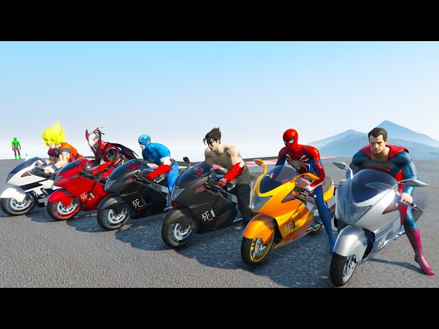 الأبطال الخارقين على دراجة نارية   Superheroes on a motorcycle ride on the stairs with sharks GTA5