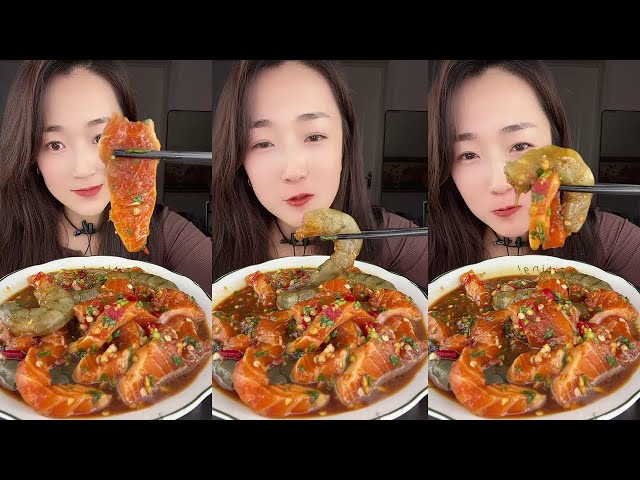 【Yummy】Eating show：Cold mixed salmon and shrimp🦐🦐🐠🐠#Seafood#sashimi#gourmet#asmr#mukbang