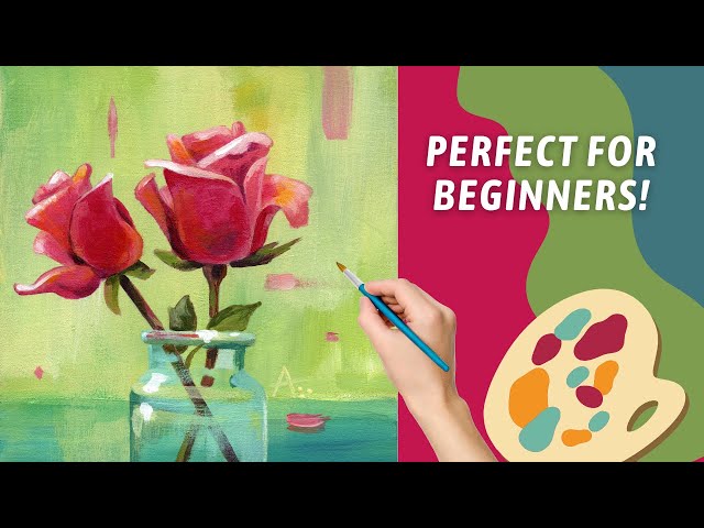 GREAT Beginner FLOWER Acrylic Painting! Traceable Available EASY ROSE Painting! Simple Glass Vase!