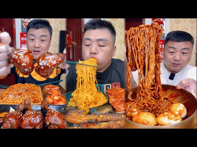 Mukbang | Eating Noodles Sauce Blck, Boiled Egg, Fried chicken thighs, ​Frying Noodles, Crispy Prok