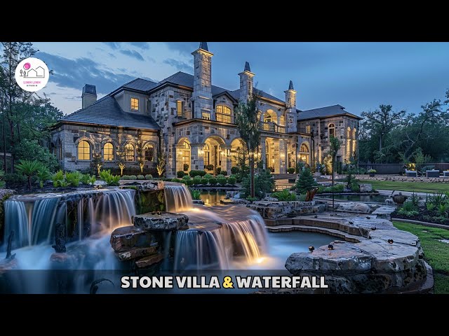 European Stone Mansion: Luxury Home Design with Waterfall & Gardens