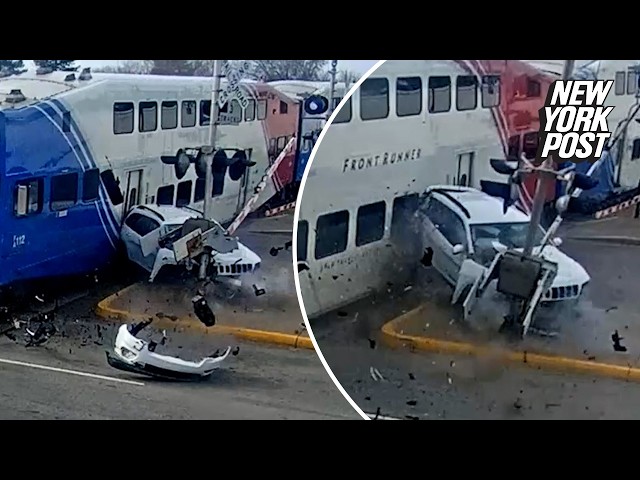 Heart-stopping moment train slams Into SUV seconds after driver’s escape