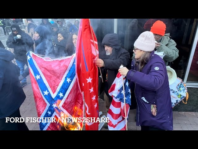 Protesters burn Trump, Confederate, American flags at Trump 2025 Inauguration