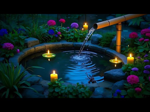 Relax & Deep Sleep | Bamboo Water Flow Sound | Piano Music | Cricket Sound