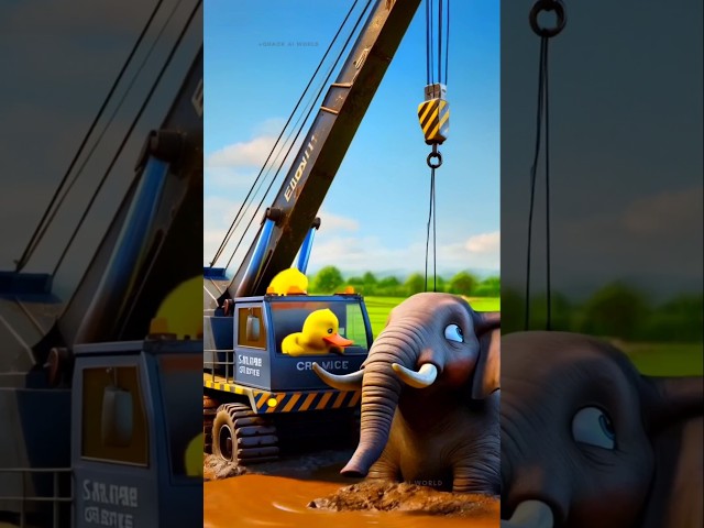 Cute Little Duck Tries to Rescue a Giant Elephant Stuck in Mud Using a Crane! #littleduck #cuteduck