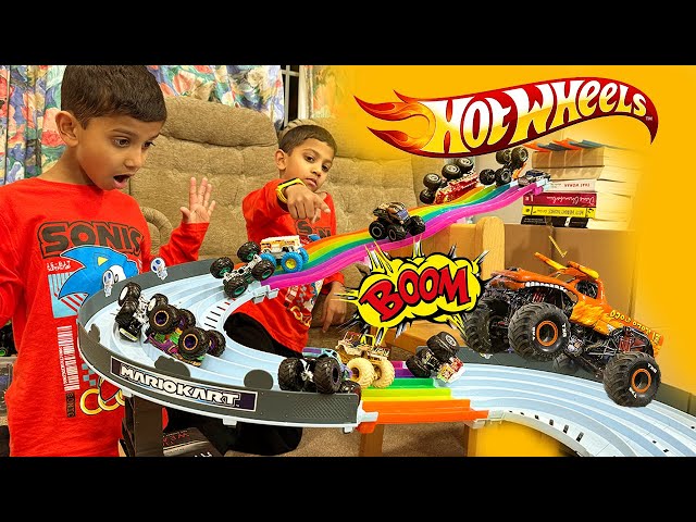 Hot Wheel Cars Vs Monster Trucks 🚚🔥 Epic Downhill Showdown on Mario Rainbow Track 🌈✨ Who Will Win?🏆🎉