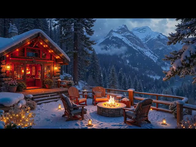 Cozy Outdoor Winter Porch Ambience in Forest ⛄❄️ Smooth Piano Music with Snowfall for Relax