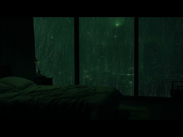 Calming Rain Sounds in a Serene Bedroom with a Dreamlike View of a Gloomy Green Cityscape