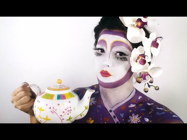 GEISHA BODY PAINTED KIMONO MAKEUP TUTORIAL - halloween or carnival english