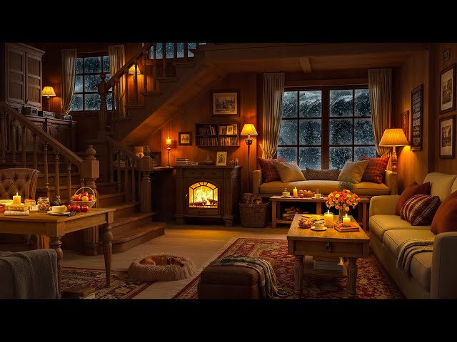 Relaxing in Warm Room with Smooth Jazz Music, Fireplace Sounds & Snowfall Ambience