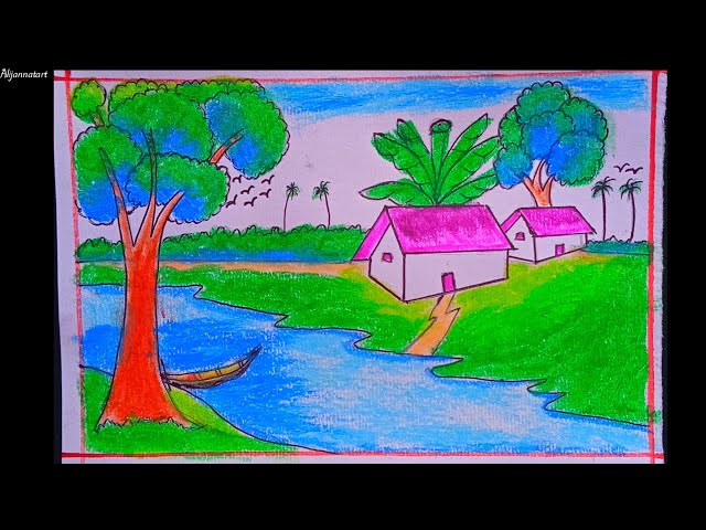 Beautiful Village Scenery Drawing 🛖| Scenery Drawing With Oil Pestle |গ্রামের দৃশ্য আঁকা