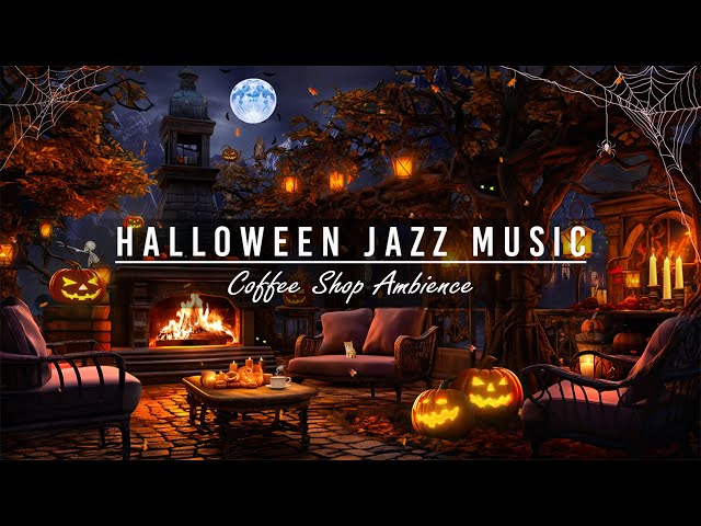 Cozy Autumn Cafe Halloween Ambience 🎃 Warm Jazz Music & Crackling Fireplace to Sleeping, Relaxing