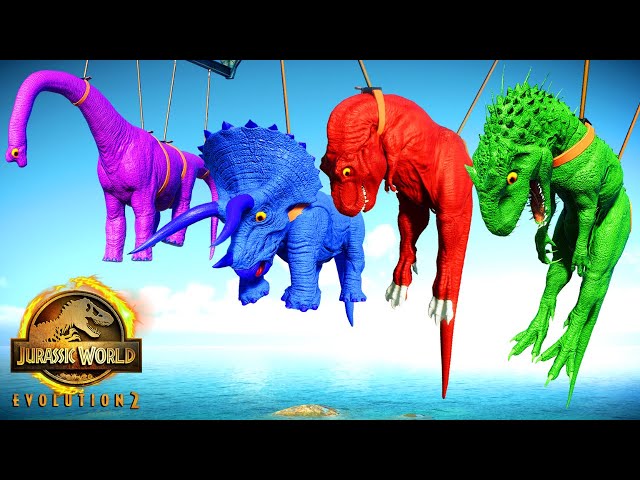 Pink T-Rex vs Purple Giganotosaurus vs Red Indominus vs Brachiosaurus , Dinosaurs Battle in JWE 2