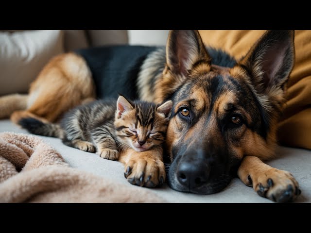 Kitten Enjoys Sleeping in the Lap of a German Shepherd Dog: Adorable Moments!