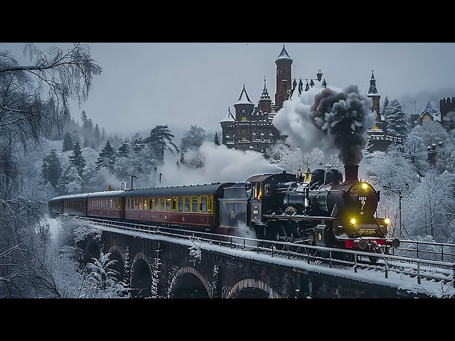 Dark Academia Winter Scene with Steam Train and Snowfall  Dark Ambient and Melancholic Piano