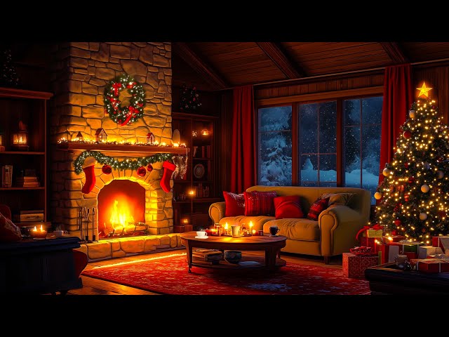 Relaxing Christmas Music Ambience w/ Crackling Fireplace 🎄 Cozy Christmas Cabin w/ Snow Falling