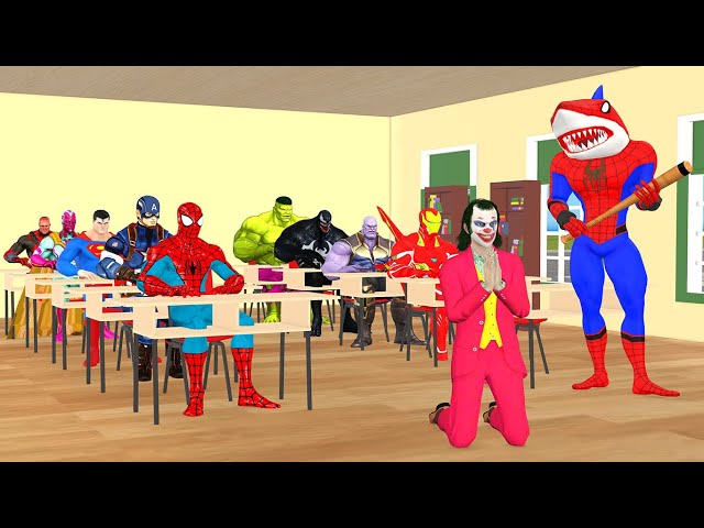 Spider-Man Shark vs iron man rescue the classroom from being attacked by bad guys Joker vs venom