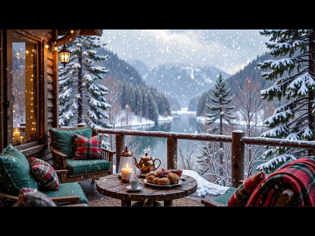 Cozy Outdoor Winter Porch Ambience by Lake ⛄❄️ Smooth Piano Music with Snowfall for Relax