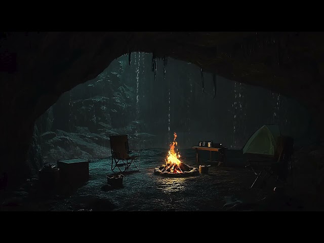 Cozy Cave Ambience: Crackling Fireplace, Rain Sounds, and Thunderstorm for Deep Sleep & Relaxation