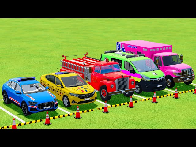 POLICE CARS, AMBULANCE and FIRE DEPARTMENT VEHICLES TRANSPORTING WITH TRUCKS ! Farming Simulator 22