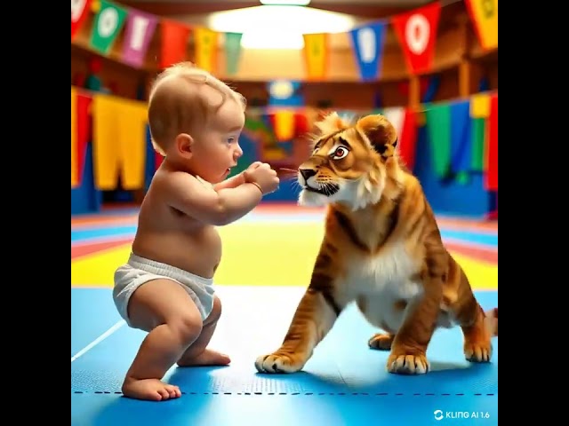 A fight between a cute baby and a lion