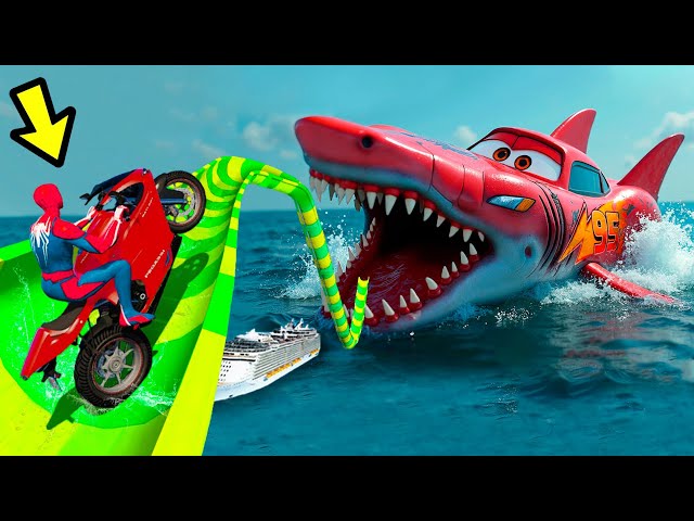 SPIDERMAN vs McQueen cars SHARK! Water Slides! RACE GTA 5! Superhero | Challange