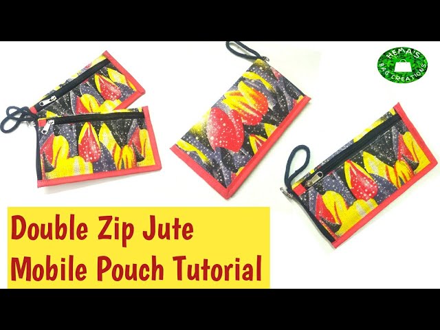 DIY Simple #Jute #Mobile Pouch #Sewing Tutorial/Double Zipper Purse Making @HemasBagCreations