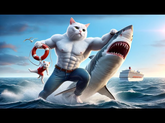 Daddy Fights Shark to Save a Kitten 🐈👊🦈#cat #cutecat #aicat