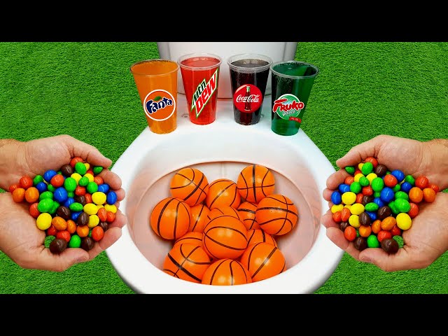 Basketball vs M&M Candy, Coca Cola Zero, Mountain Dew, Fanta, Fruko and Mentos in the toilet