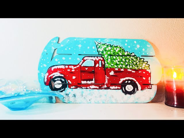 Christmas Red Truck Snowy Tree Painting On Wood Sled Cutout