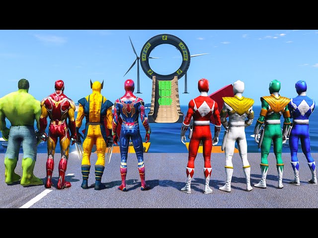 SPIDERMAN, HULK, IRONMAN VS POWER RANGERS | All SUPERHEROES Racing Challenge Sea Ramp Competition~!