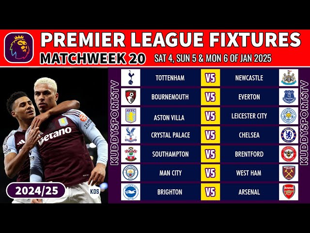 EPL FIXTURES TODAY - MATCHWEEK 20 - EPL TABLE STANDINGS TODAY - PREMIER LEAGUE FIXTURES 2024/25