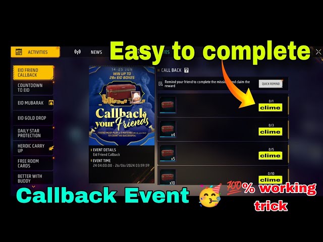 Easy way to complete callback Event 🥳 💯% working trick don't miss it 😁 #freefire #gaming