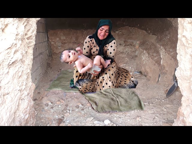 Natural birth of a single mother in a cave and bathing the baby