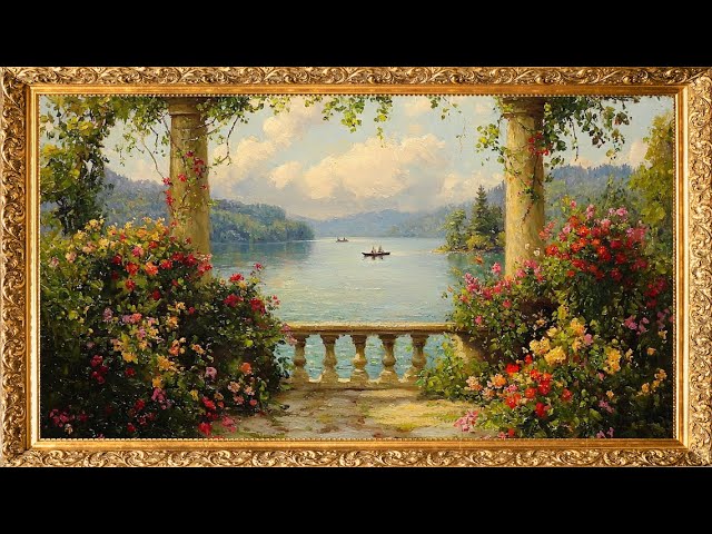 Vintage TV Art: Tranquil Oil Painting of a Lake View from a Patio | 2 Hrs Gold Framed Vintage Art