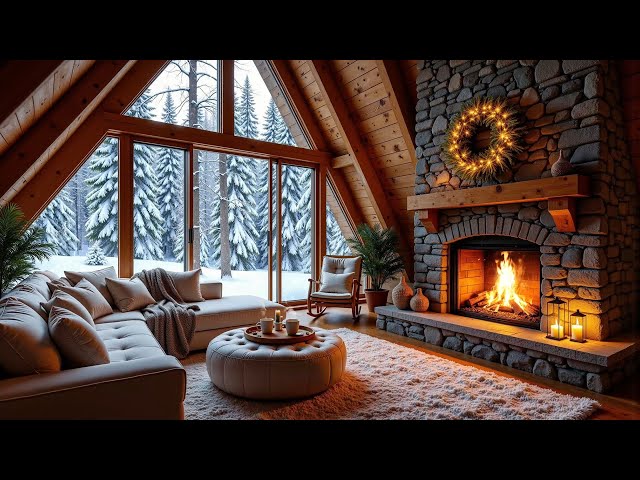 Cozy Cabin Room in The Cold Season Forest ❄ Soft Piano and Fireplace for Relaxing, Reading 🎧