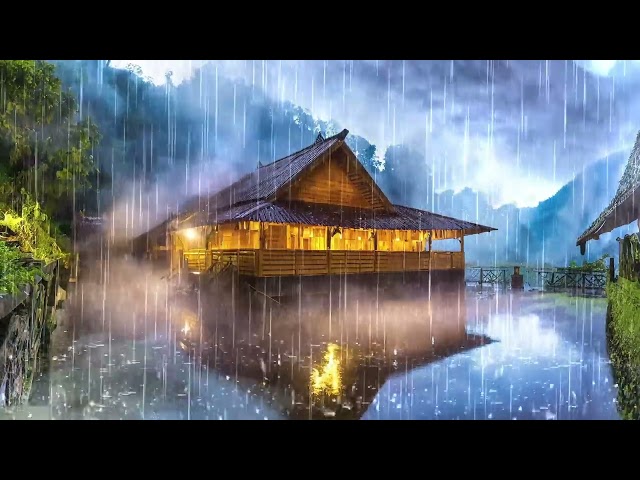 Sleep instantly with heavy rain, paramount thunder sounds on a wooden roof at night, overcome Stress