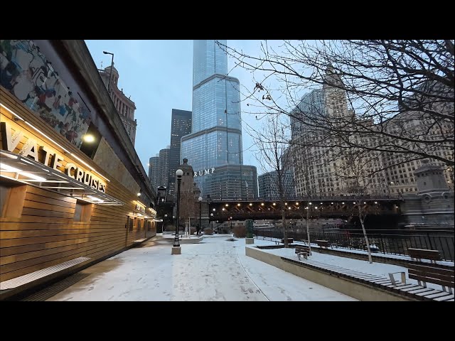 Peaceful Chicago Riverwalk in Snow