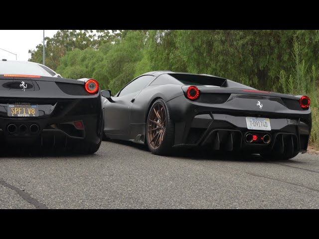 Two LOUD Ferrari 458 Italias with Novitec exhaust and headers. [4k] HEADPHONE USERS BEWARE!