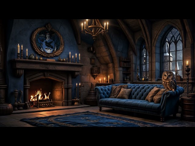 Ravenclaw Common Room | Harry Potter Fireplace | Fireplace & Blizzard  | Cozy Winter Ambience