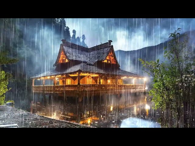 Experience HEAVY RAIN Sounds in a Cozy Wooden House at Night for Better Sleep