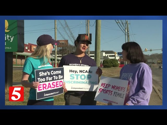 Female athletes hold demonstration outside NCAA conference over transgender sports policies