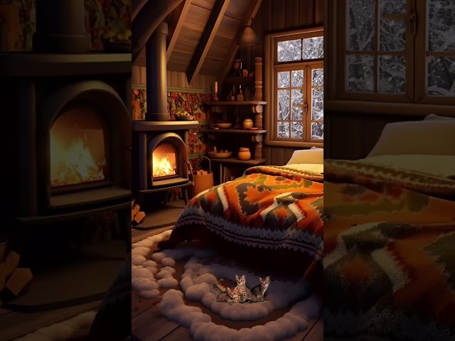 A wonderful winter cabin, overlooking the snow. The warmth of the fire radiates through the winter.