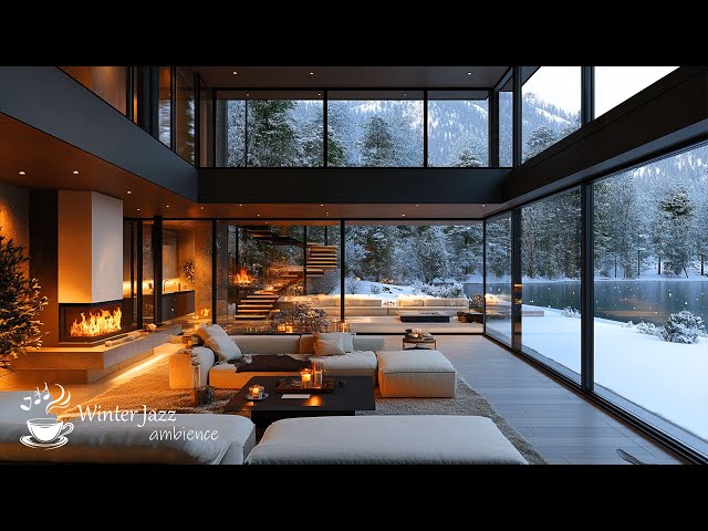 A Cozy Living Room Winter Ambience by the Lakeside, Smooth Piano Music for Warm Winter Day