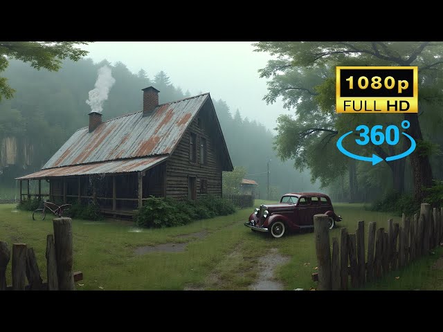 Peaceful Rain and Thunderstorm Sounds in 360°  Vintage Car in Village for Sleep and Study