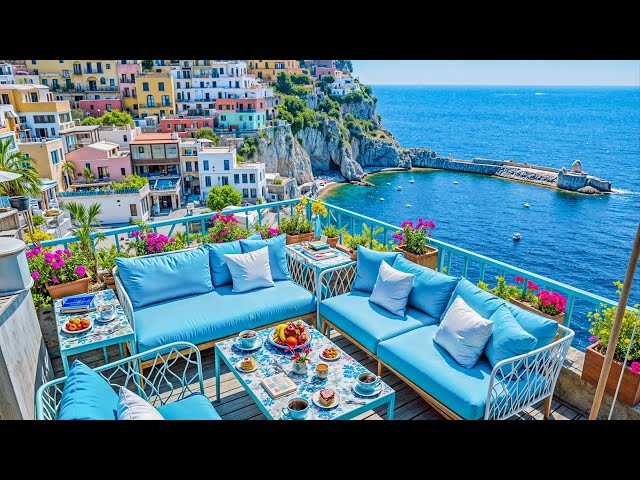 Positano Seaside Cafe Ambience with Sweet Bossa Nova Jazz & Smooth Waves Sound for Positive Mood 🌊