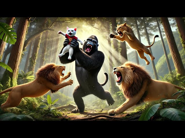 Kitten Saves Lion 🐾 | Lion Fights King Kong! 🦁🔥| #cat #cute #ai #catlover #catvideos #cutecat #aicat