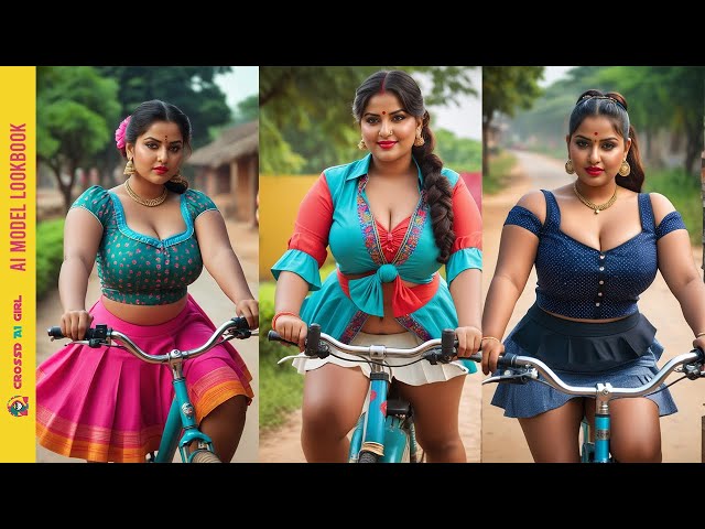 Stunning Plus-Size Indian Bhojpuri Girl on a Bicycle Rocks Stylish Skirt & Top | AI Model Look Book