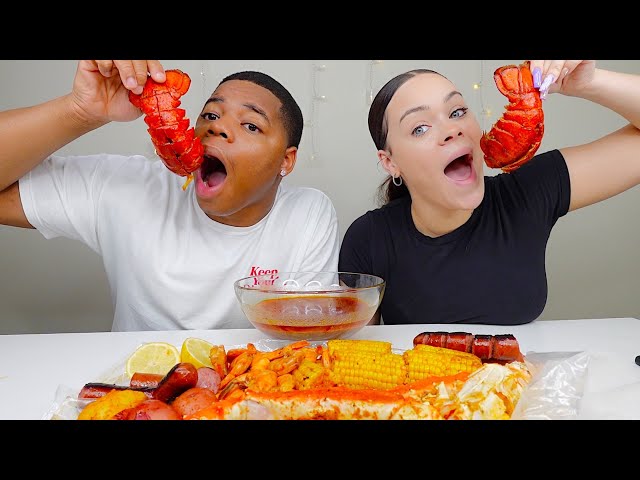 ONE BITE SEAFOOD BOIL MUKBANG CHALLENGE!! (KING CRAB, SWEET CORN, LOBSTER TAILS, & POTATOES)